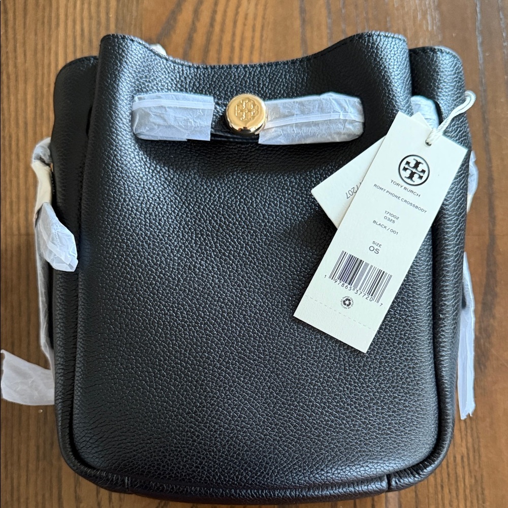 Tory Burch Romy Phone Black Pebbled Leather Mini Crossbody with Gold-Tone Logo